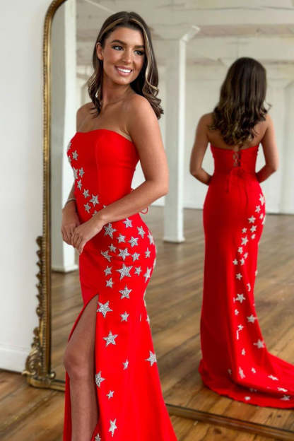 Red Long Prom Dress with Mermaid Silhouette and Front Split Strapless