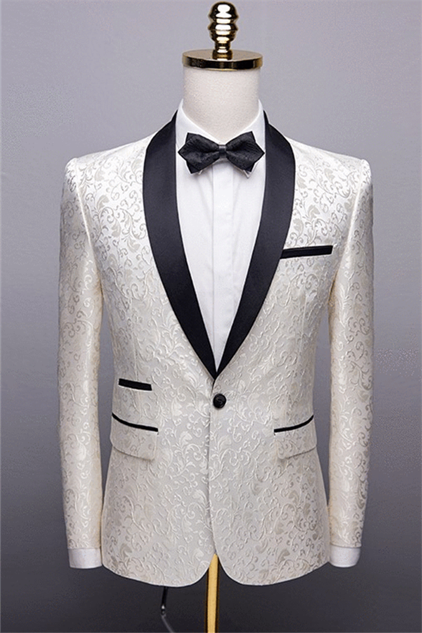 White Jacquard One Button Wedding Tuxedos with Black Shawl Lapel Men's Suits (Jacket Pants)