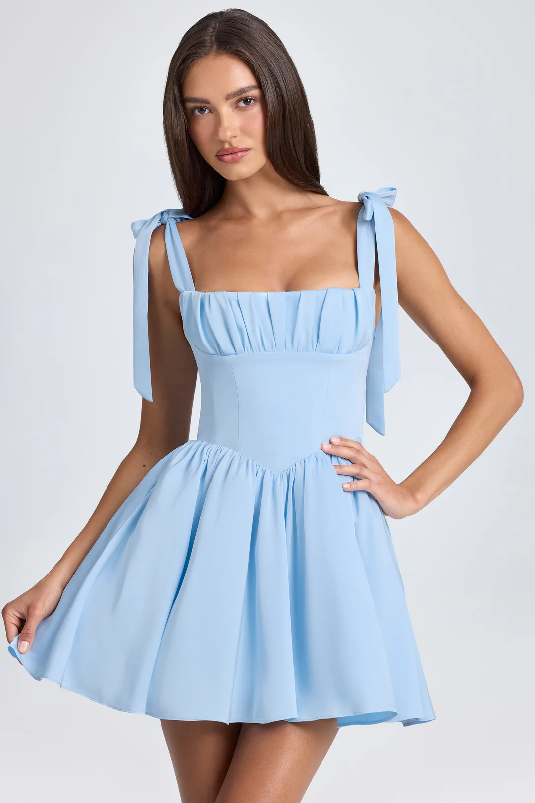 Baby Blue Square-Neck Bow Shoulder Straps Bud Short Mini cocktail Dress
