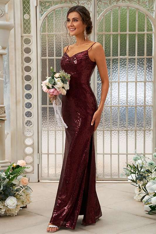 Sequins Burgundy Bridesmaid Dress Mermaid with Split