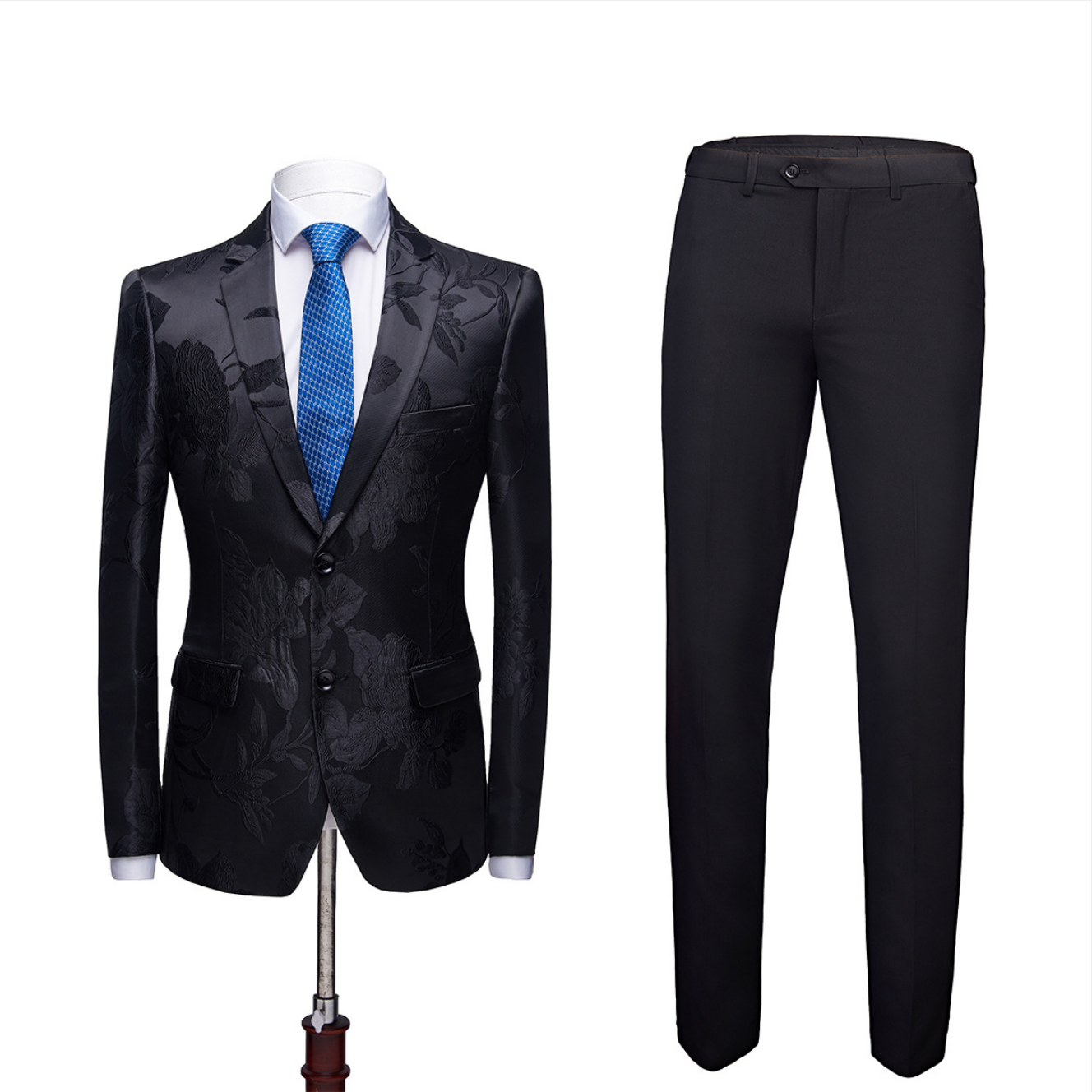 Stylish Notched-Lapel Two-Button Men's Suits with Floral Jacquard (Black Wedding Tuxedo)
