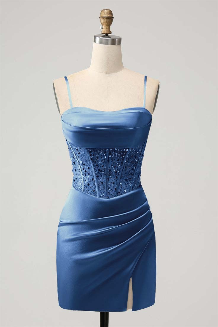 Green Sequins Spaghetti-Straps Short Mini cocktail Dress