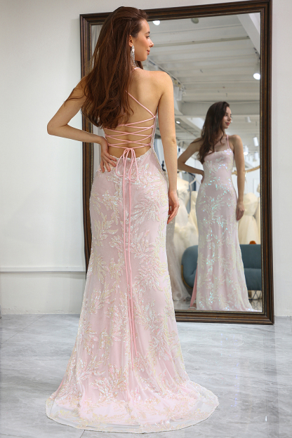 Elegant Pink Long Prom Dress with Chic Mermaid Silhouette and Criss Cross Back Spaghetti Straps