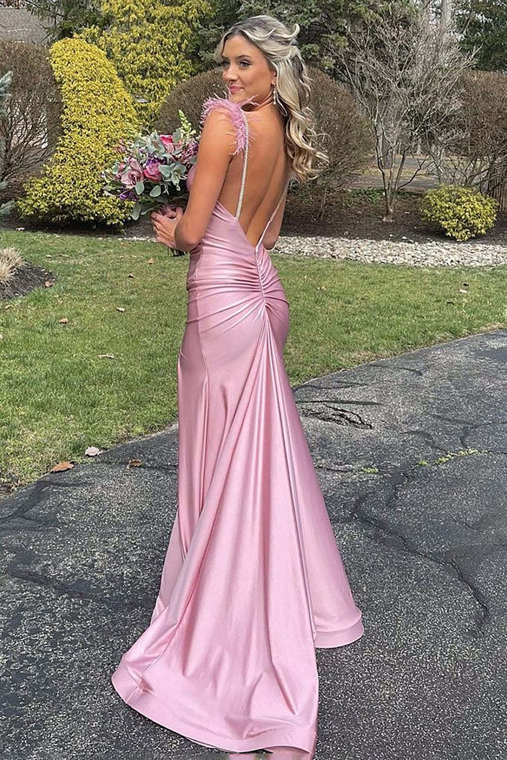 Pink Long Prom Dress with Mermaid Spaghetti Straps and Feather