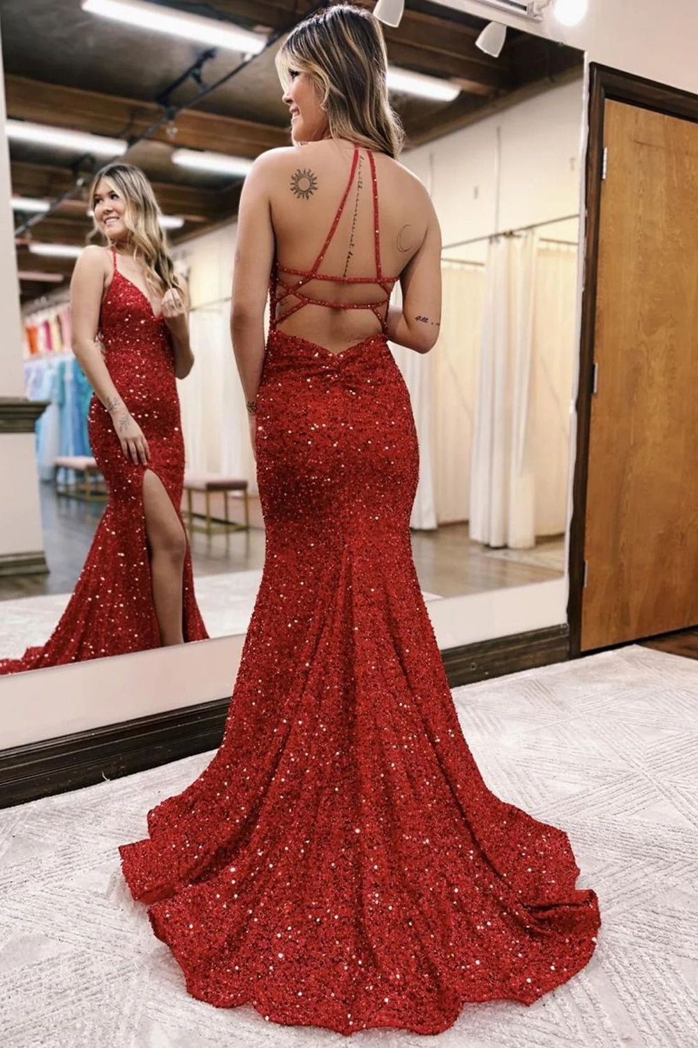 Royal Blue Sequined Mermaid Prom Dress with Slit and Halter Neck