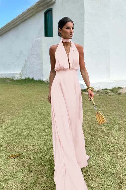 Charming Sleeveless Halter V Neck Long Formal Dress With Pleated