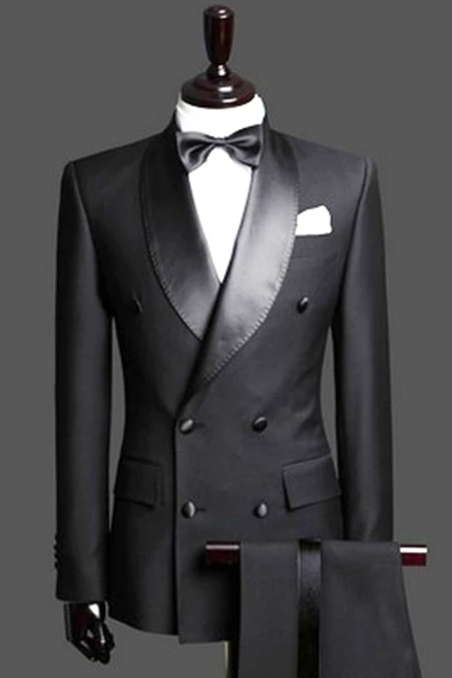 Fancy Black Double-Breasted Satin Lapel Two-Piece Wedding Tuxedos (Jacket Pants)