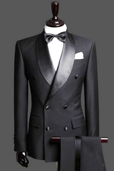 Fancy Black Double-Breasted Satin Lapel Two-Piece Wedding Tuxedos (Jacket Pants)