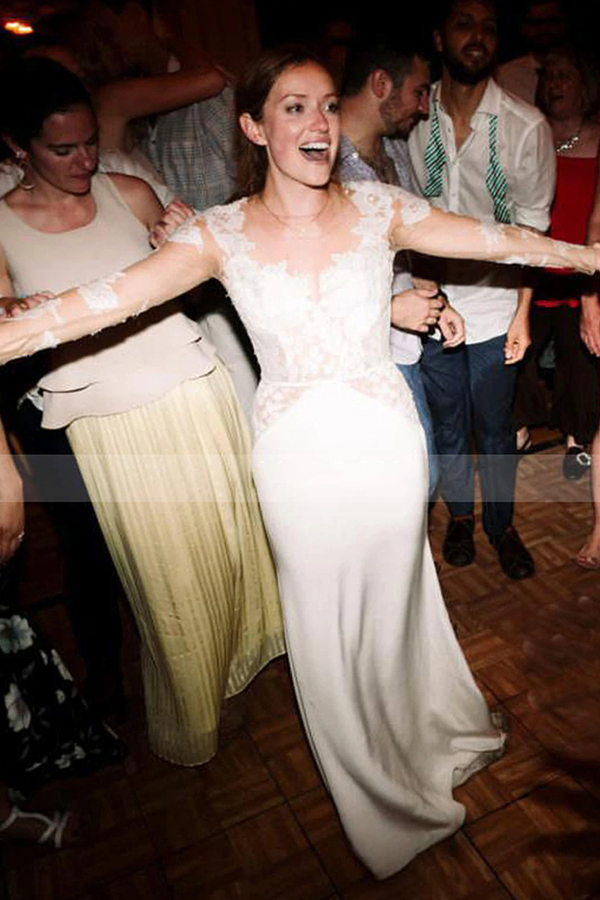 Classic Lace Floor-Length Long Sleeve Sheer Wedding Dress with Tulle A-Line