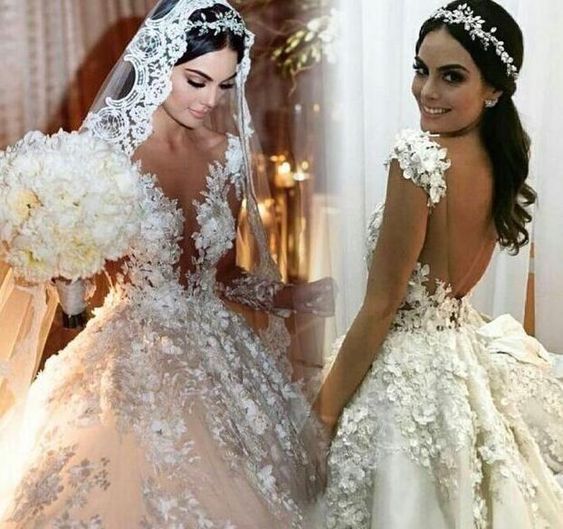 Modest Backless Floor-Length Princess Bateau Long Sleeves Wedding Dress Appliques Lace Ruffles