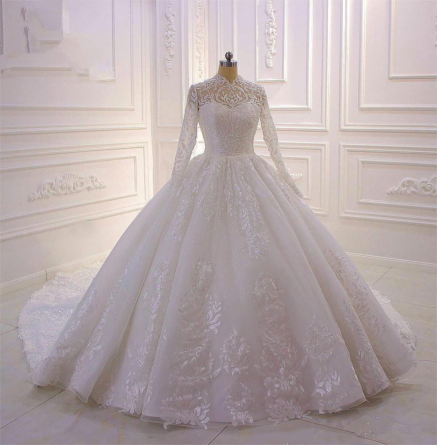 Simple Ball Gown Ruffles High-Neck Long Sleeves Wedding Dress with Appliques Lace