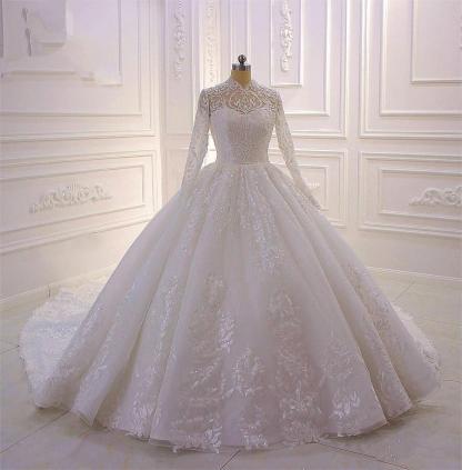 Simple Ball Gown Ruffles High-Neck Long Sleeves Wedding Dress with Appliques Lace
