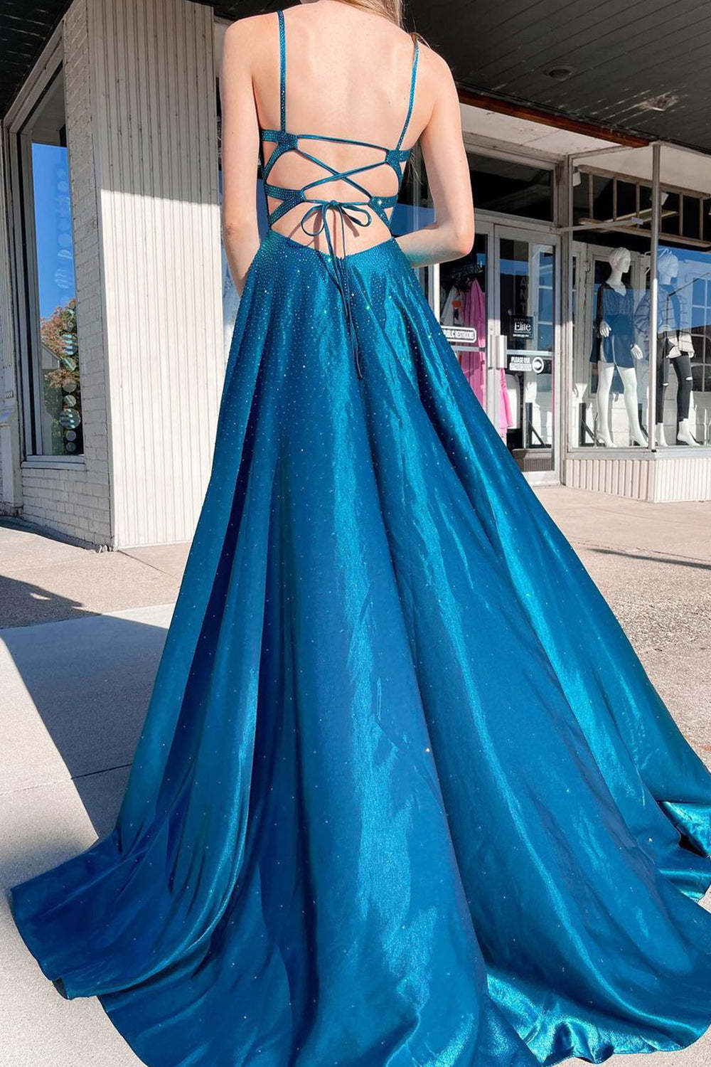 Peacock Blue Long Prom Dress with Spaghetti Straps and Front Split in A-Line Style