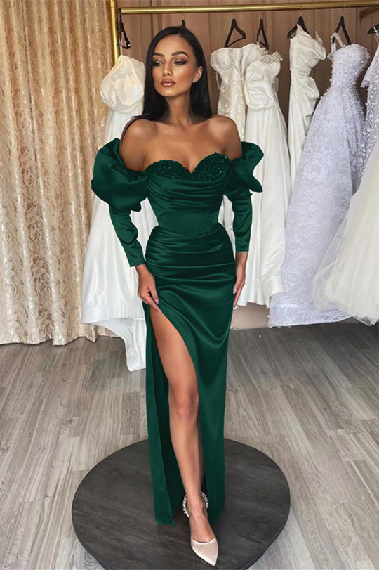 Dark Green Sweetheart Slit Long Mermaid Evening Dress With Long Sleeves Sequins
