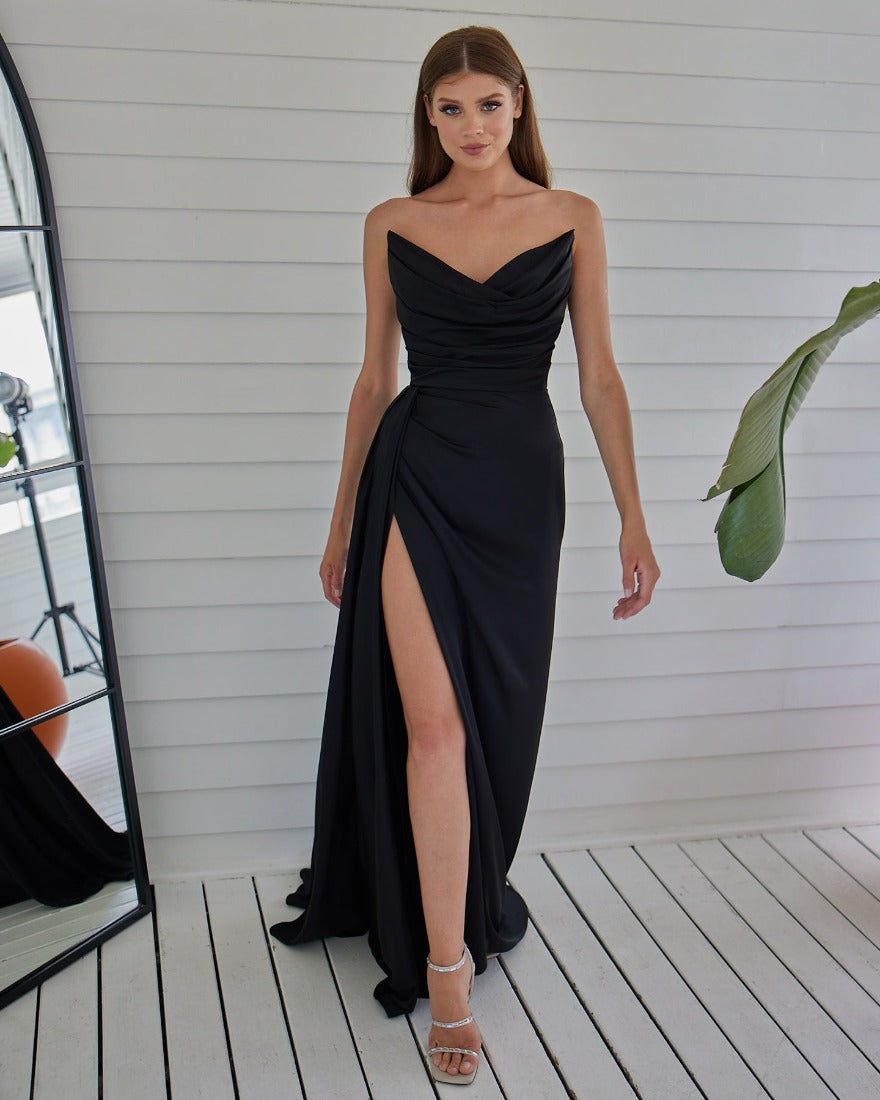 Fashionable Satin Maxi Strapless Wedding Guest or Prom Dress