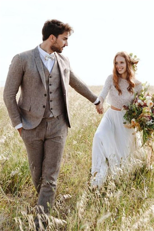 Classic Khaki Linen Summer Beach Men's Suits Three-Piece Groom Wedding Tuxedos