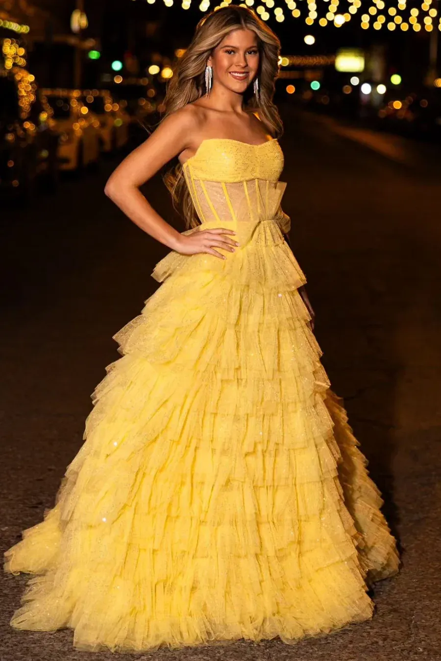 Long Strapless Prom Dress in Golden Tulle with Tiered Skirt and Slit