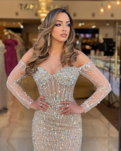 Heavy Formal Dress Sweetheart Long Sleeves Strapless Beading Long Tulle