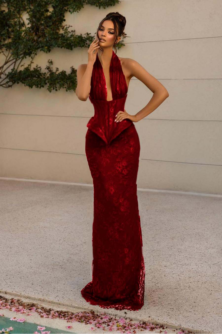 Halter Sleeveless Long Mermaid Formal Dress With Lace Appliques