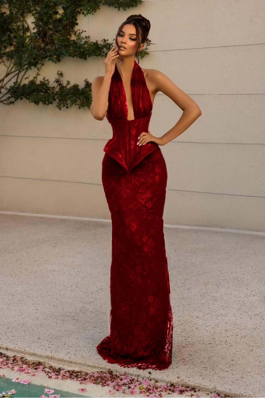 Halter Sleeveless Long Mermaid Formal Dress With Lace Appliques