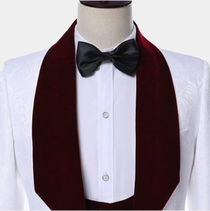 Burgundy Lapel Wedding Suit for Groom with White Jacquard