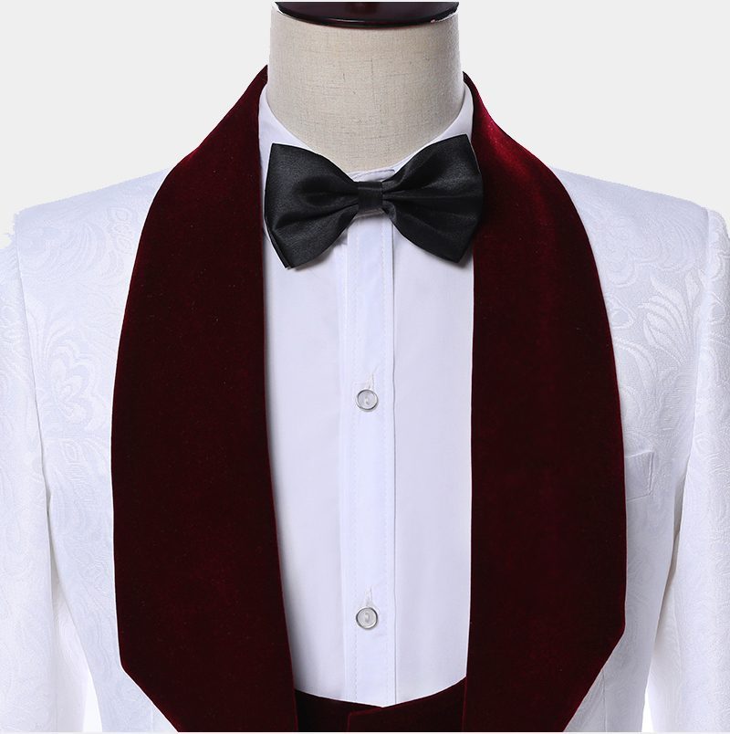 Modern Burgundy Lapel Wedding Tuxedo with White Jacquard