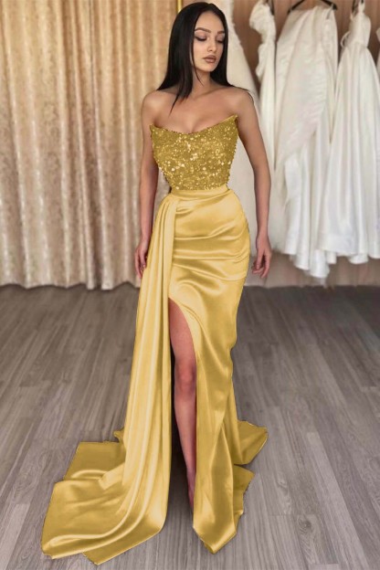 Red Strapless Elegant Sleeveless Long Sequins Formal Dress Mermaid Side Split