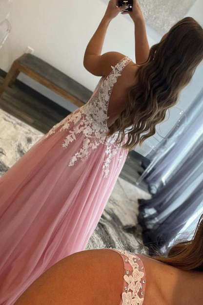 Prom Dress in Pink A-Line Tulle Featuring Appliques