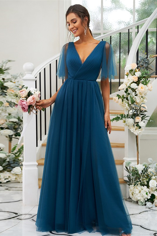 Ink Blue Bridesmaid V-Neck Dress with Slit