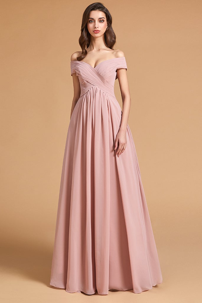 Dusty Rose Off-the-Shoulder Bridesmaid Dress Lace-Up