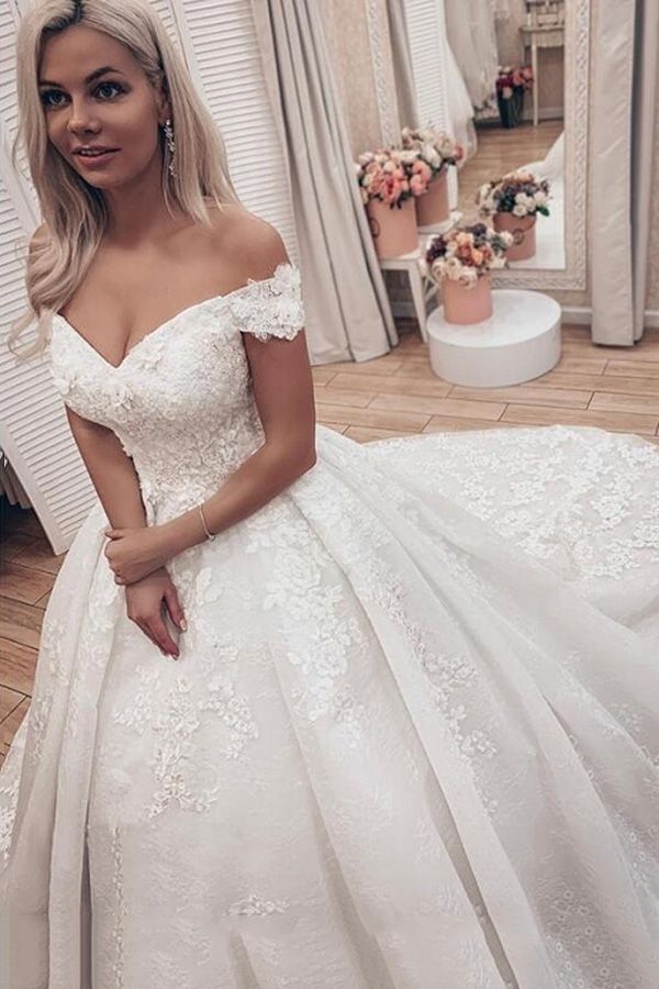 Unique Lace Off-Shoulder Wedding Dresses with A-Line