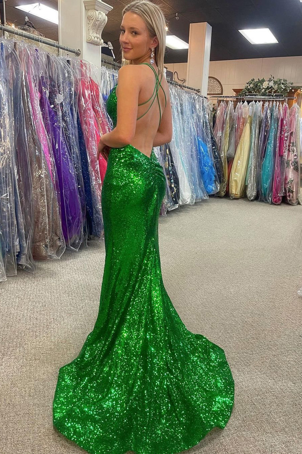 Long Backless Prom Dress in Green Sequins with Mermaid Halter