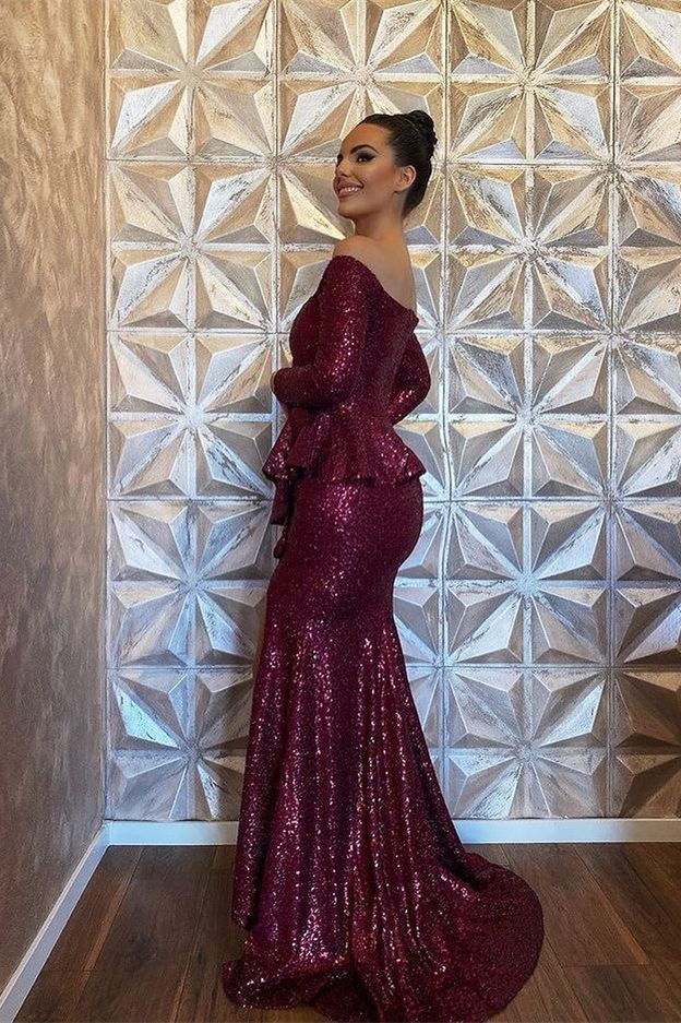 Burgundy Sequins Long Sleeves Mermaid Evening Dress With Split