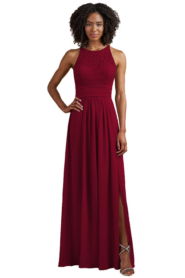 Sleeveless Halter Lace Bridesmaid Dress with Split