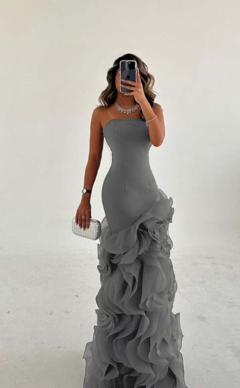 Strapless Sleeveless Long Mermaid Formal Dress With Tulle Ruffles