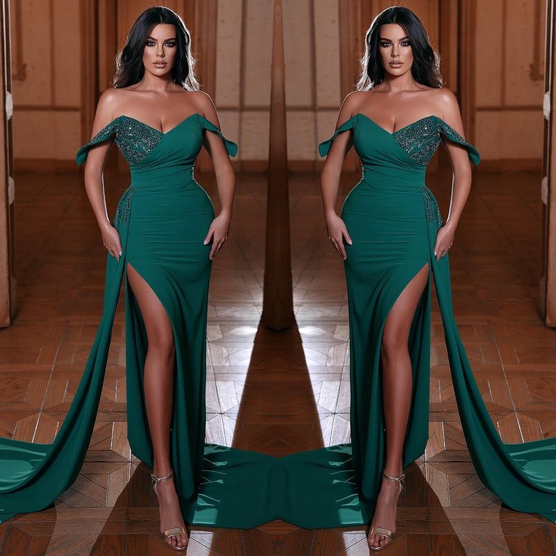 Off-The-Shoulder Emerald V-Neck Mermaid Evening Dress With Ruffles Split