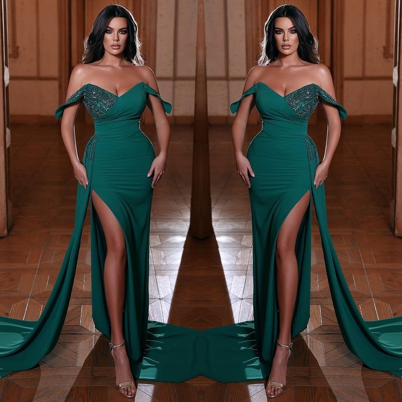 Off-The-Shoulder Emerald V-Neck Mermaid Evening Dress With Ruffles Split