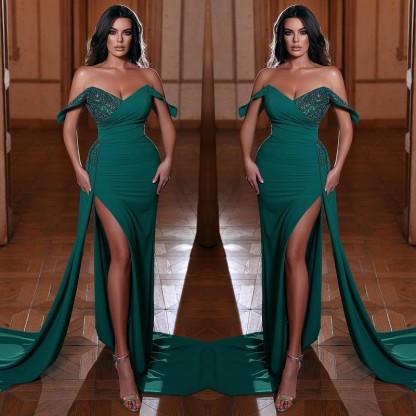 Off-The-Shoulder Emerald V-Neck Mermaid Evening Dress With Ruffles Split