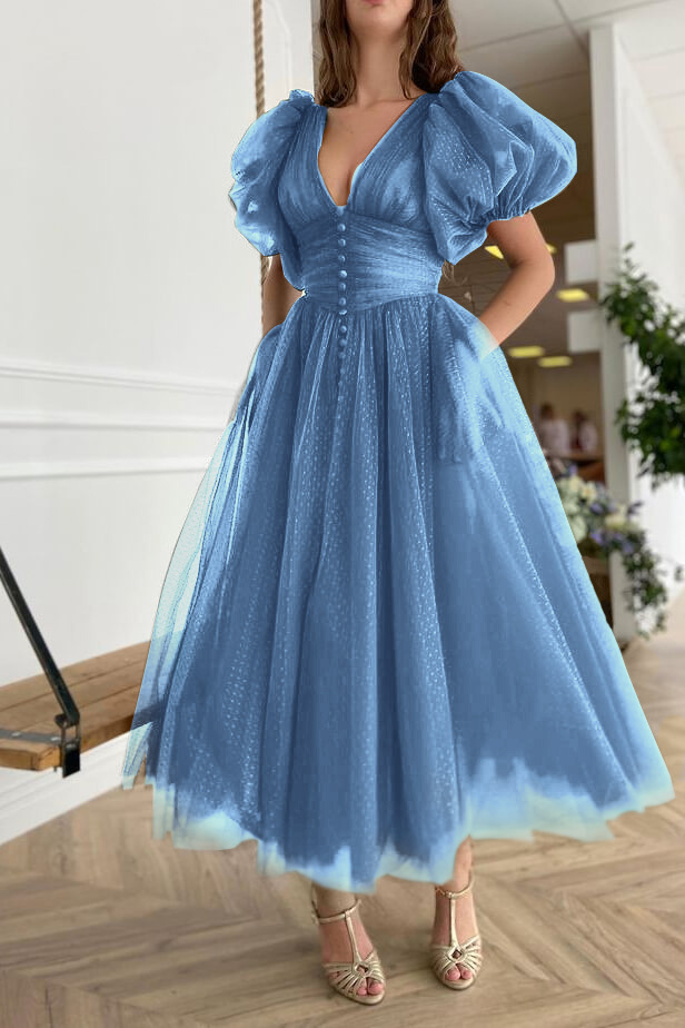 Dark Green Evening Dress A-Line With Short Sleeves V-Neck