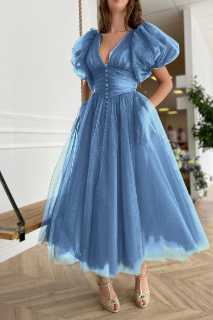 Dark Green Evening Dress A-Line With Short Sleeves V-Neck