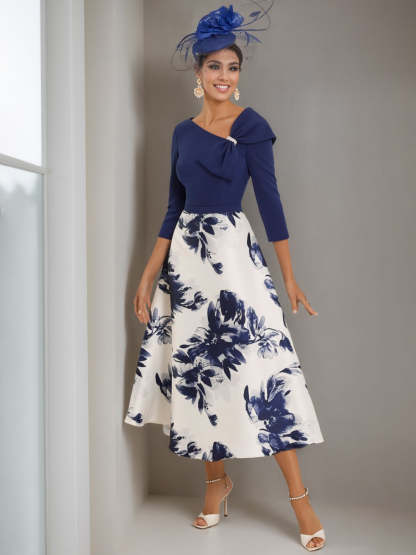 V-Neck A-Line Princess Tea-Length Mother of the Bride Dress with 3/4 Sleeves and Rhinestone Flower Print