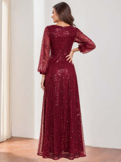 Floor-Length Sequined Mother of the Bride Dress with V-Neck and Lantern Sleeves