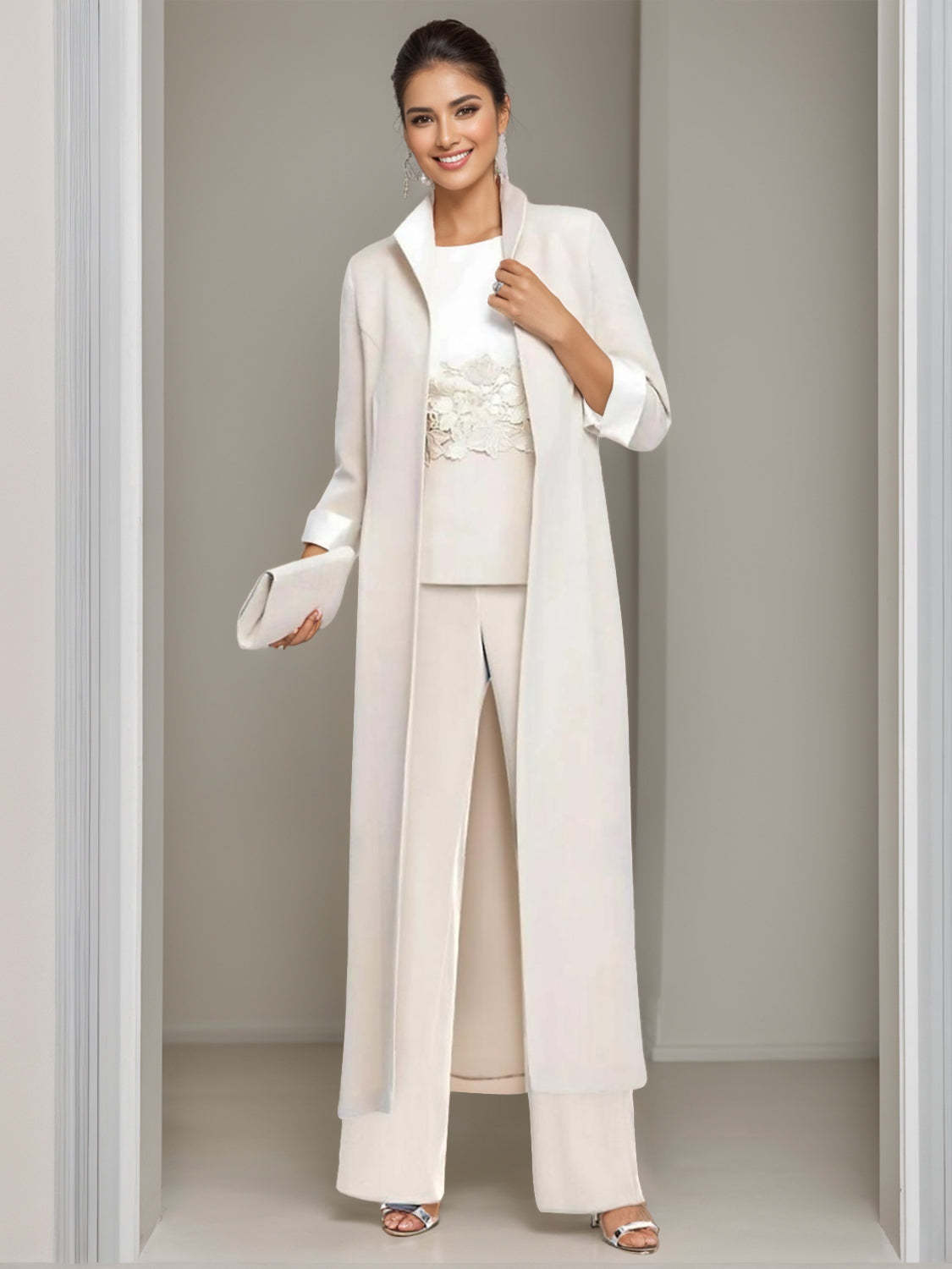 Ankle-Length Mother of the Bride Pantsuits in 3 Pieces Featuring Square Neck Jacket & Lace Appliques