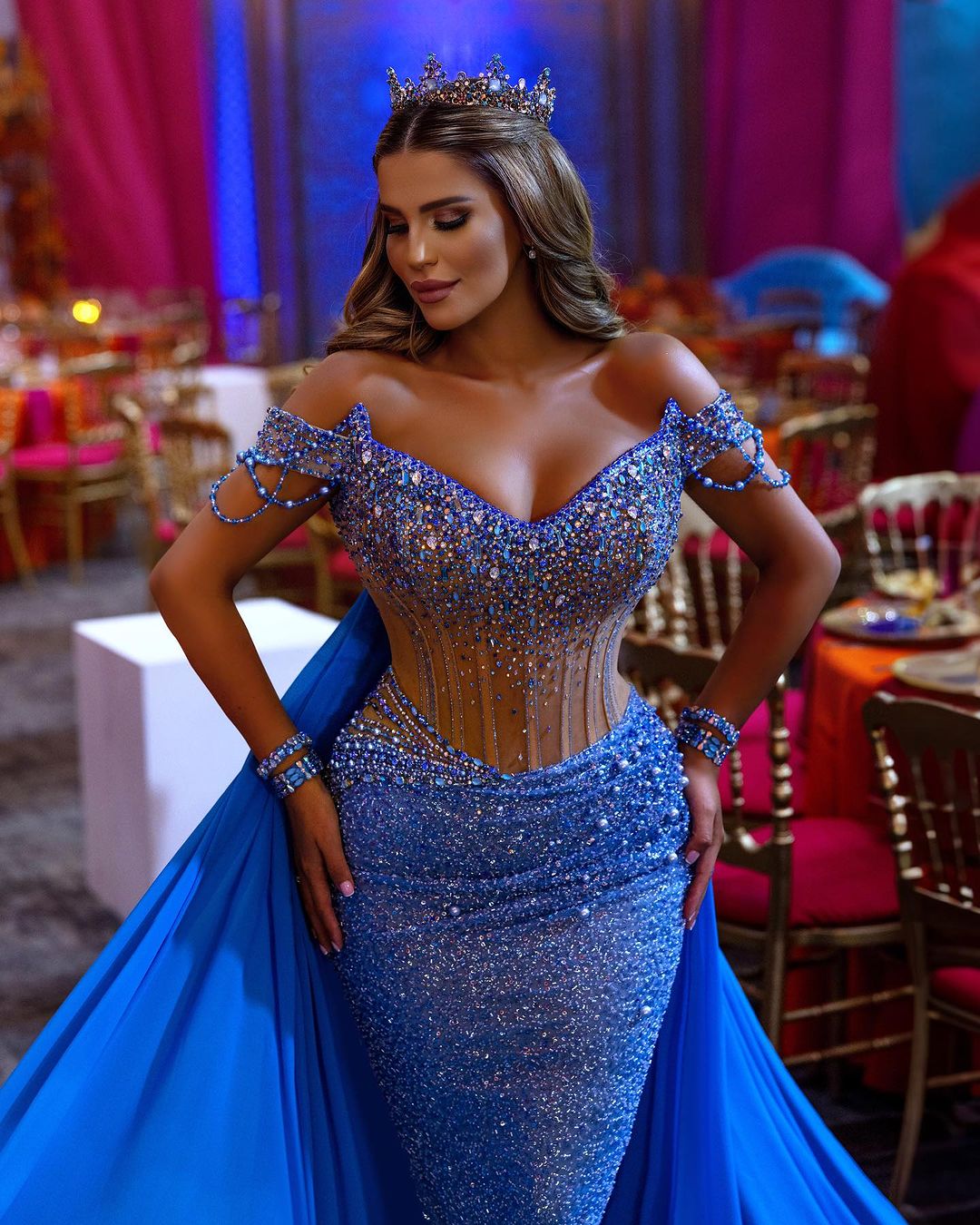 Heavy Off the Shoulder Mermaid Formal Dress Sequins Beading V Neck