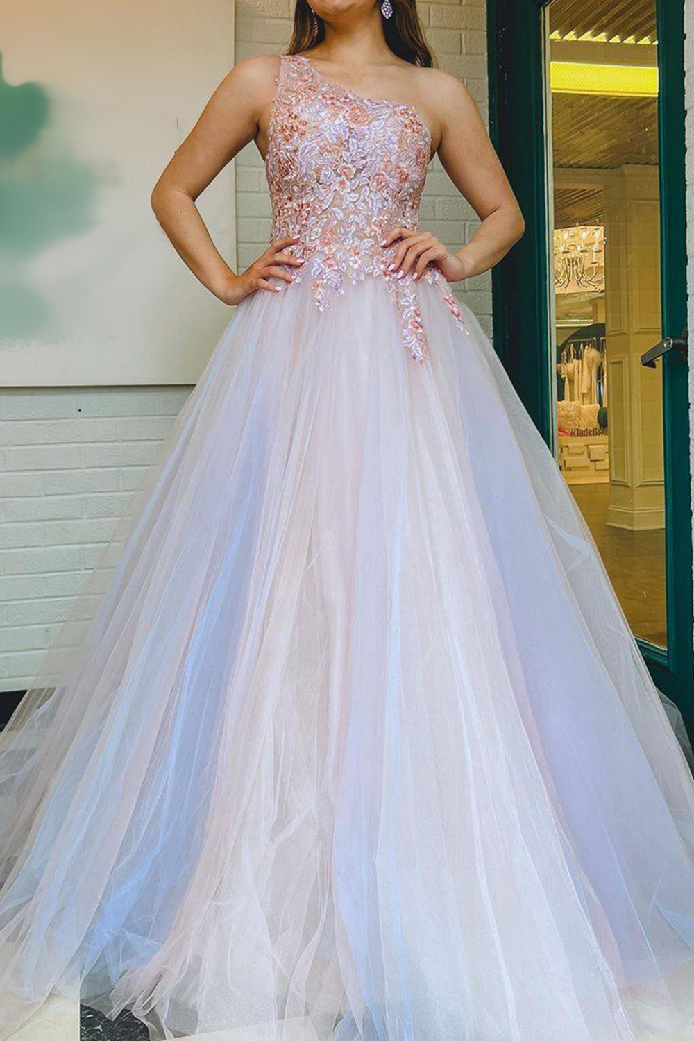Elegant One Shoulder Grey Pink A-Line Prom Dress Featuring Appliques