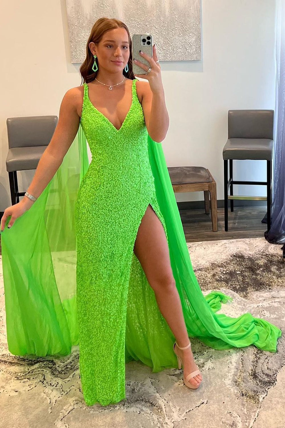 Long Orange Prom Dress with Watteau Train and Sequins