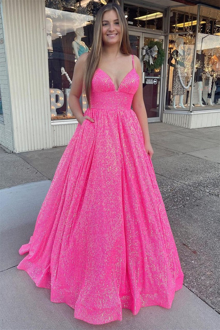 Hot Pink Sweetheart Sequins Spaghetti Strap Ball Gown Evening Dress With Backless