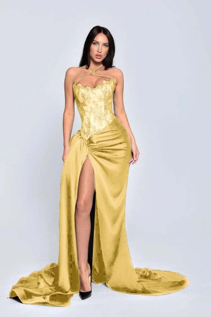 Black Halter Sleeveless Appliques Long Formal Dress With High Split