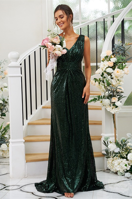 Dark Green Sequins Sleeveless Bridesmaid Dress