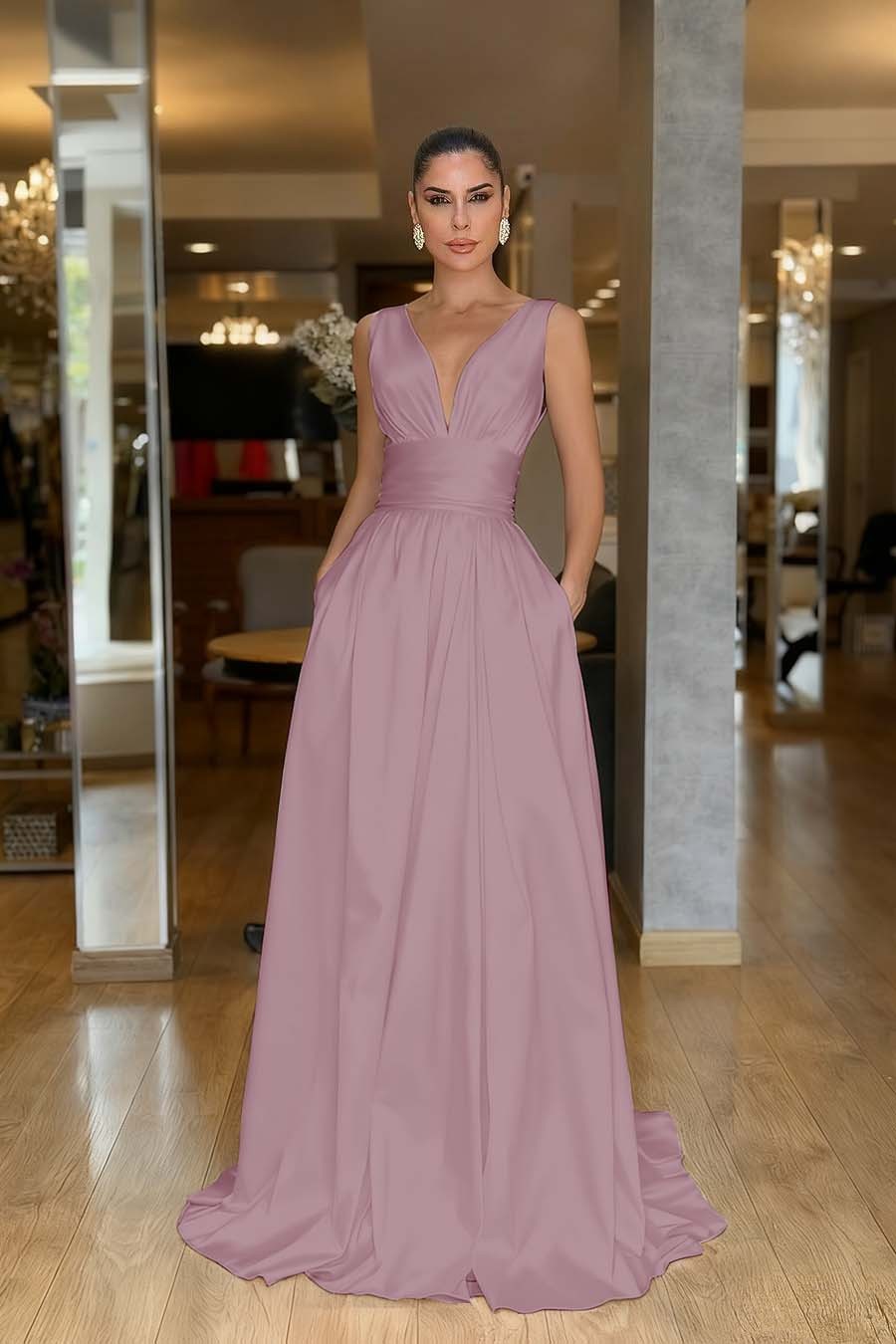 Straps Sleeveless High Waist Long Formal Dress With Pockets Pleated